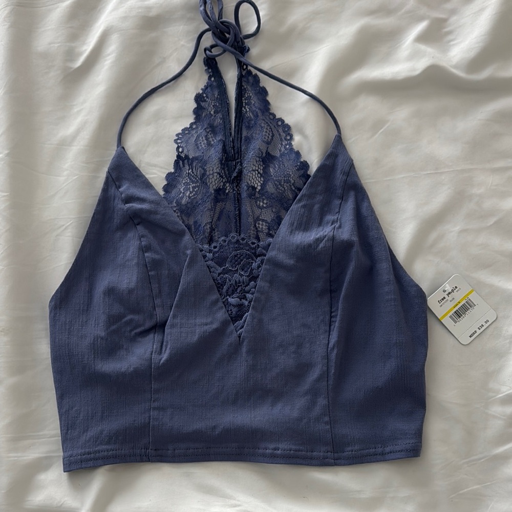 Navy Lace Halter Crop Top